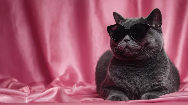 Stylish gray cat with sunglasses on pink satin backdrop - HD Wallpaper, 4k Background Image