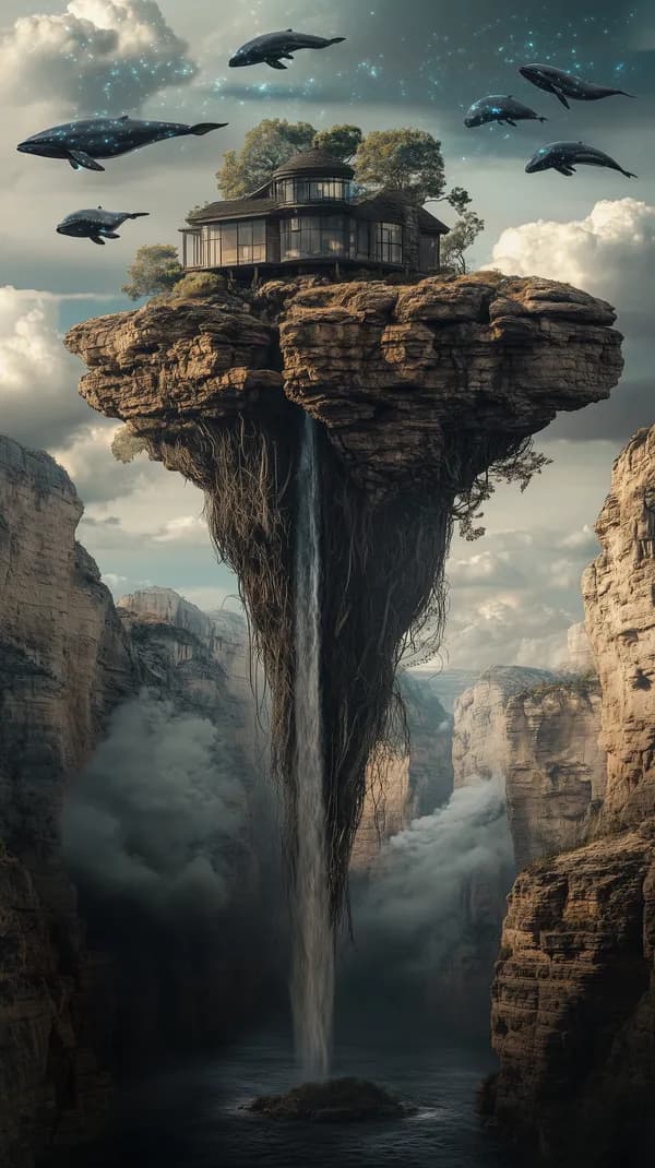 Floating cliffside house with waterfall and celestial whales - HD Wallpaper, 4k Background Image