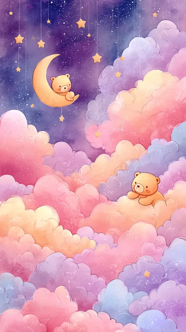 Pastel Cloud Dream Wallpaper with Bears, Moon & Stars - HD Wallpaper, 4k Background Image