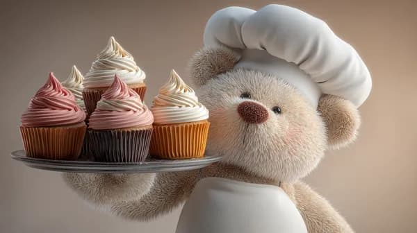 Cuddly Teddy Bear Chef with Cupcakes — Cozy 3D Wallpaper - HD Wallpaper, 4k Background Image