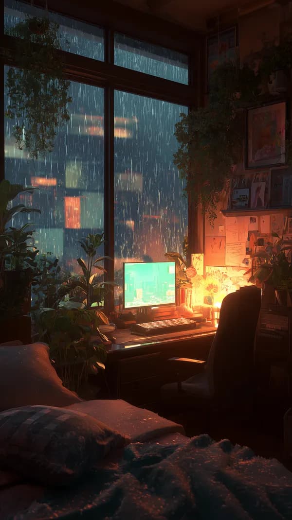Rainy Night Desk with Neon Glow in Cozy Home Office - HD Wallpaper, 4k Background Image