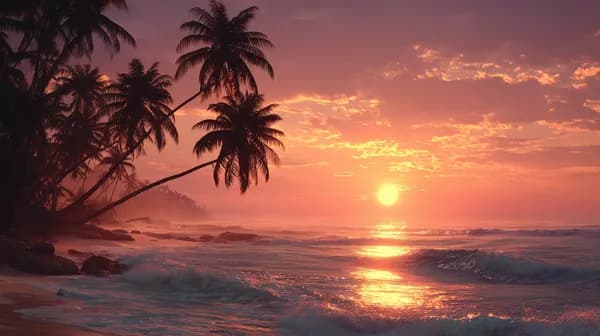 Tranquil Tropical Sunset Beach Wallpaper with Silhouetted Palm Trees - HD Wallpaper, 4k Background Image