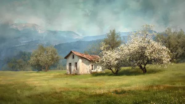 Pastoral meadow cottage with blossoming trees in soft light - HD Wallpaper, 4k Background Image