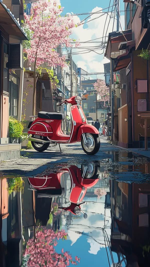 Red Scooter in Cherry Blossom Alley — Dreamy Urban Illustration - HD Wallpaper, 4k Background Image