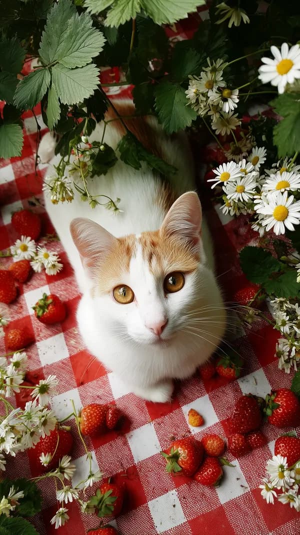 Adorable White and Ginger Cat on Red Checkered Picnic Blanket - HD Wallpaper, 4k Background Image
