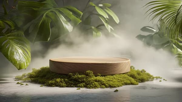Natural Wooden Podium on Moss in Lush Tropical Studio - HD Wallpaper, 4k Background Image