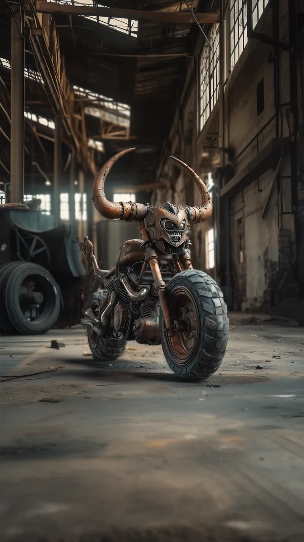 Rusty Steampunk Motorcycle with Horned Helmet in Abandoned Factory - HD Wallpaper, 4k Background Image