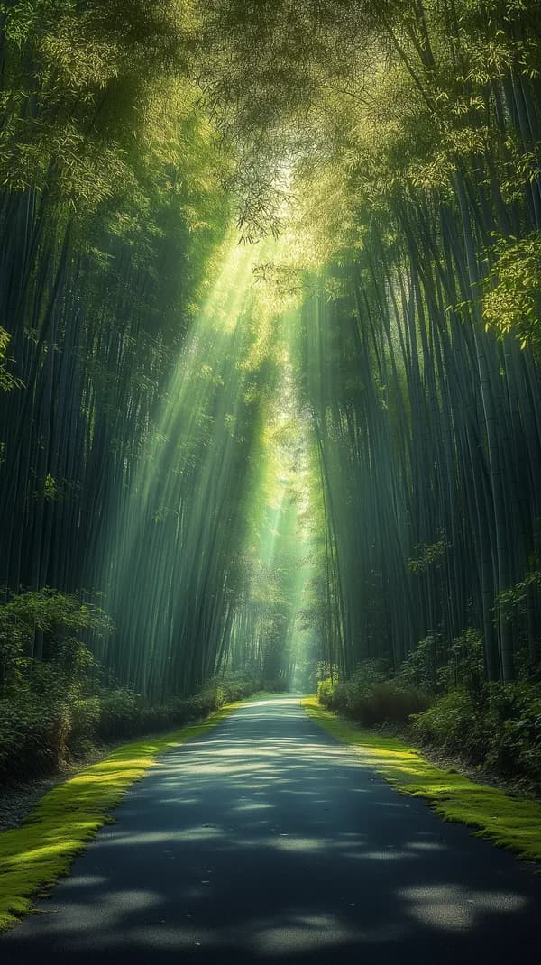 Sunlit Bamboo Forest Path: Serene Verdant Road Wallpaper - HD Wallpaper, 4k Background Image