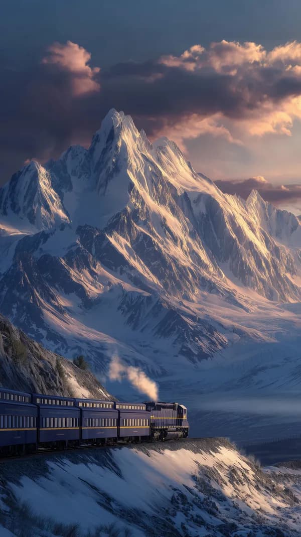 Epic Snowy Mountain Train at Sunset - Scenic Wallpaper - HD Wallpaper, 4k Background Image