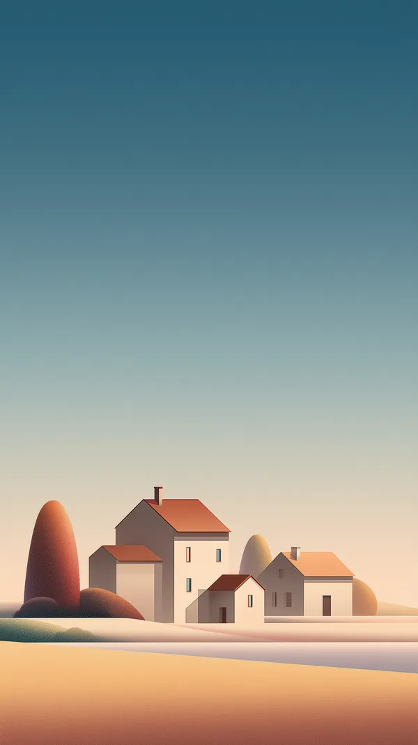 Serene Sunset Village: Minimalist Warm Horizon Artwork - HD Wallpaper, 4k Background Image