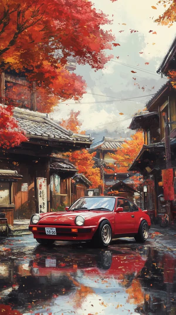 Autumn Street Scene: Red Sports Car in a Colorful Village - HD Wallpaper, 4k Background Image