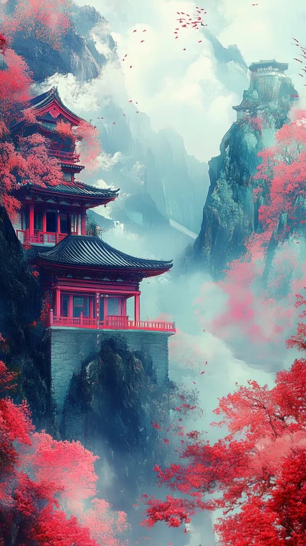 Dreamy Cliffside Pagoda Scene with Misty Peaks and Pink Foliage - HD Wallpaper, 4k Background Image