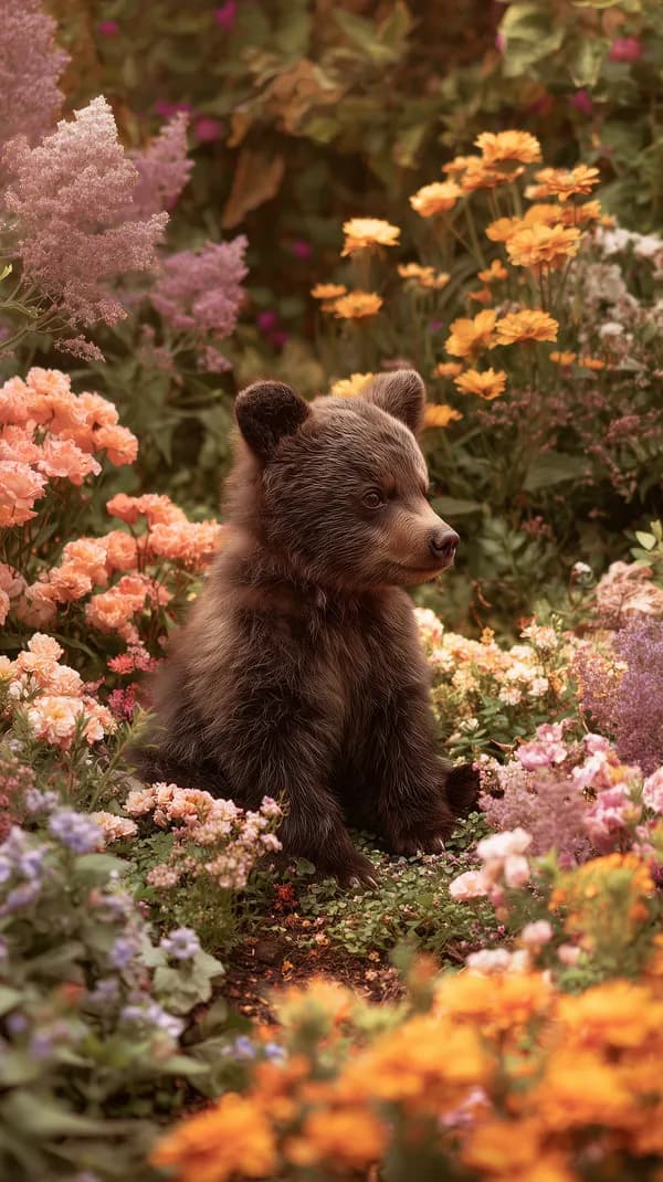 Cute Bear Cub in a Colorful Flower Garden Wallpaper - HD Wallpaper, 4k Background Image