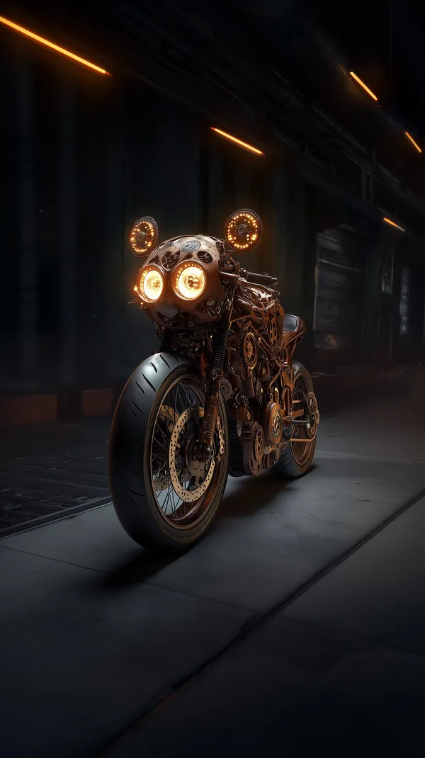 Steampunk Motorcycle in Neon Night - Dark Industrial Street - HD Wallpaper, 4k Background Image