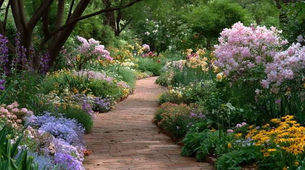 Serene Garden Path with Colorful Flowers Wallpaper - HD Wallpaper, 4k Background Image