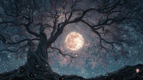 Moonlit Tree Arch Framing a Starry Night Sky with a Luminous Full Moon - HD Wallpaper, 4k Background Image