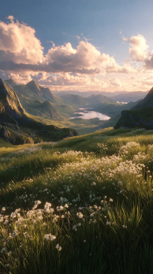 Serene Mountain Valley at Sunset with Wildflowers - Golden Hour - HD Wallpaper, 4k Background Image