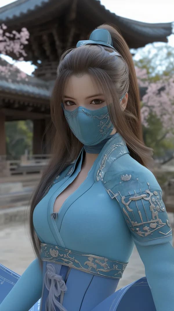 Azure-Clad Masked Warrior in Blossoms – Desktop Wallpaper - HD Wallpaper, 4k Background Image