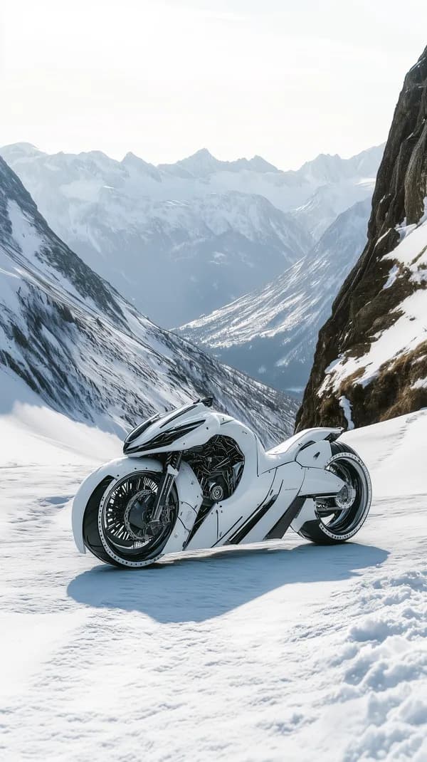 Futuristic White Sport Motorcycle in Snowy Alpine Valley - HD Wallpaper, 4k Background Image