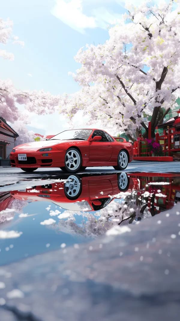 Red sports car under cherry blossoms tranquil spring wallpaper - HD Wallpaper, 4k Background Image