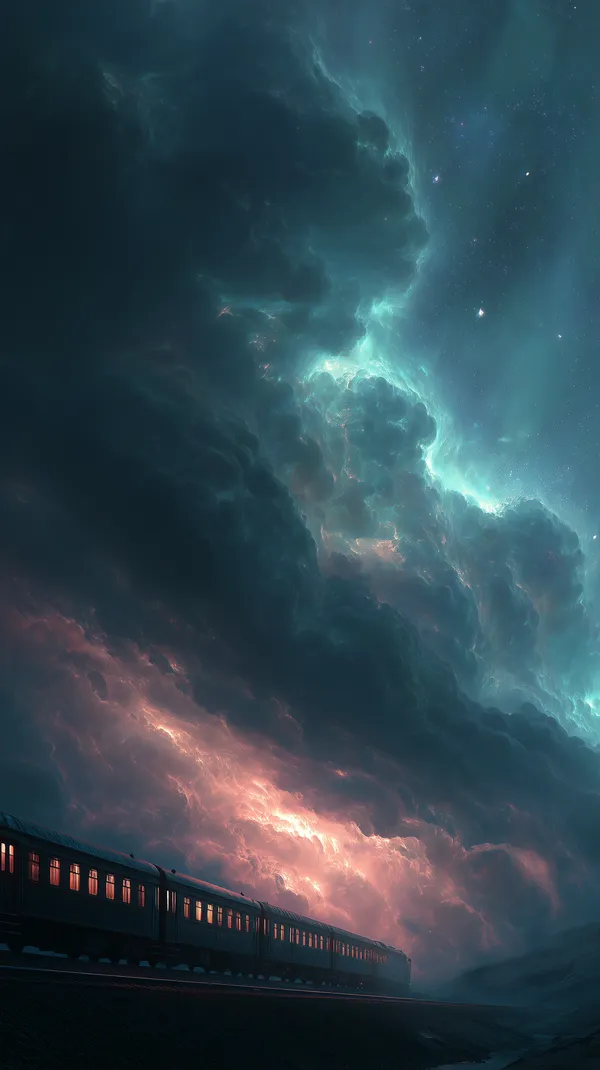 Epic Night Sky Over a Train: Cosmic Clouds in Aurora Hues - HD Wallpaper, 4k Background Image
