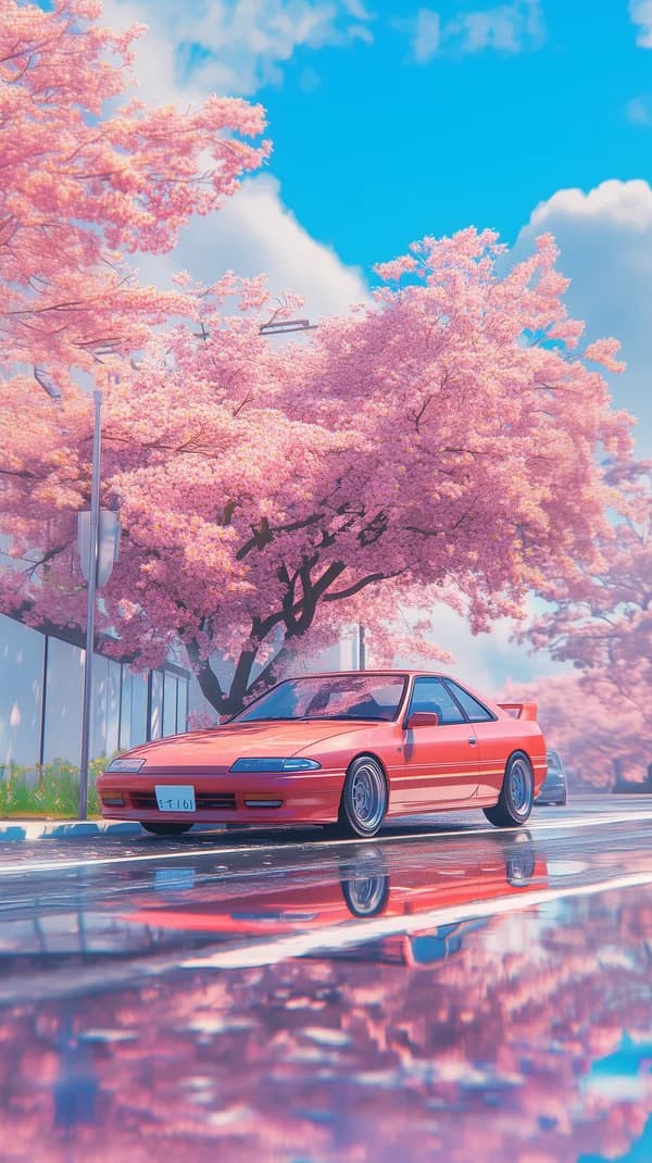 Pastel Cherry Blossom Street with Pink Sports Car Wallpaper - HD Wallpaper, 4k Background Image