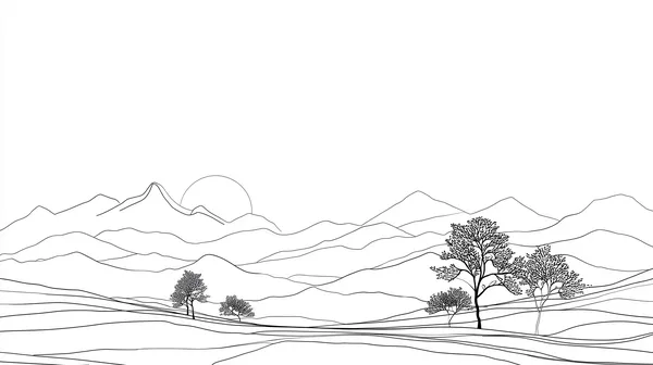 Minimal Line Art Landscape Wallpaper: Mountains, Trees and Sun - HD Wallpaper, 4k Background Image