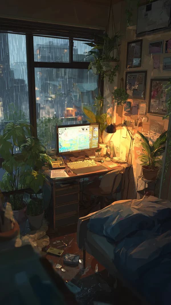 Cozy Rainy City Desk Scene with Lush Indoor Plants - HD Wallpaper, 4k Background Image