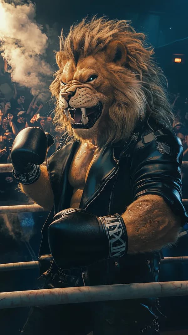 Dynamic Anthropomorphic Lion Boxer in Leather Jacket - Wallpaper - HD Wallpaper, 4k Background Image