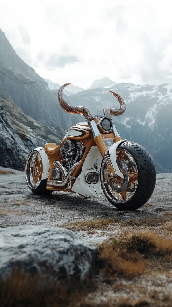 Golden custom motorcycle in alpine landscape wallpaper - HD Wallpaper, 4k Background Image
