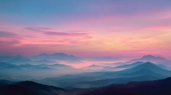 Pastel Mountain Sunrise: Soft Haze of Pink and Blue Horizons - HD Wallpaper, 4k Background Image