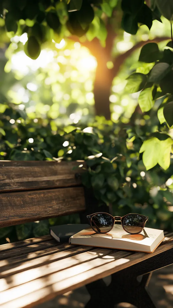 Sunlit Garden Bench with Sunglasses and Book in Golden Hour Light - HD Wallpaper, 4k Background Image