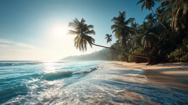 Tropical Beach Paradise: Palm Trees, Sunlit Waves & Coastline - HD Wallpaper, 4k Background Image