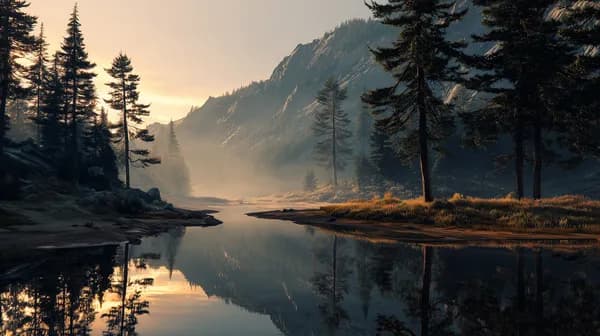 Tranquil Mountain Lake at Sunrise with Mist and Pines - HD Wallpaper, 4k Background Image