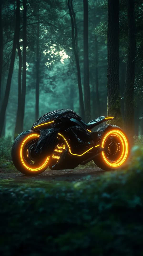 Neon-lit Futuristic Motorcycle in Enchanted Forest Night - HD Wallpaper, 4k Background Image
