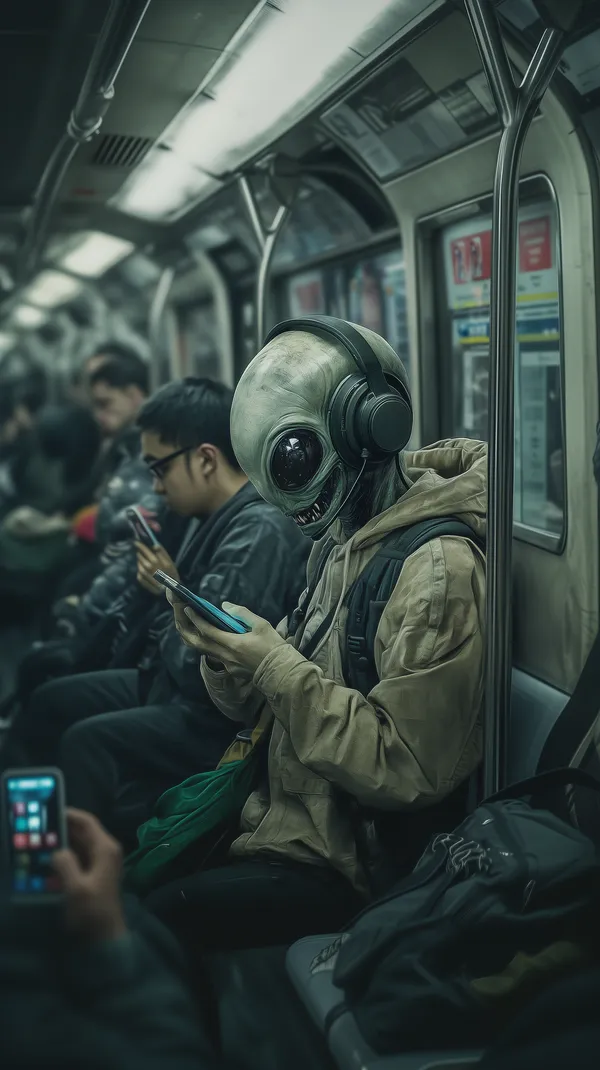 Futuristic Alien on Subway with Headphones and Smartphone - HD Wallpaper, 4k Background Image