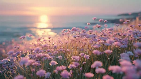 Pastel Wildflowers by the Sea at Sunset – Calm Coastal Glow - HD Wallpaper, 4k Background Image