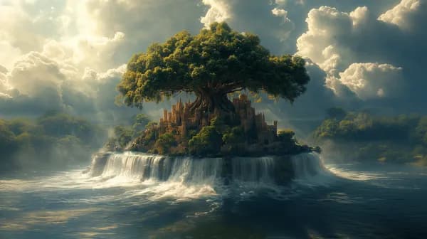 Majestic Floating Island with Ancient Tree and Cascading Waterfall - HD Wallpaper, 4k Background Image