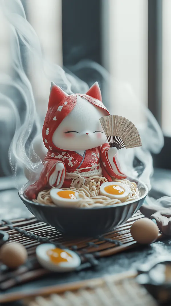 Whimsical Lucky Cat in Kimono Over a Bowl of Ramen with Steam - HD Wallpaper, 4k Background Image
