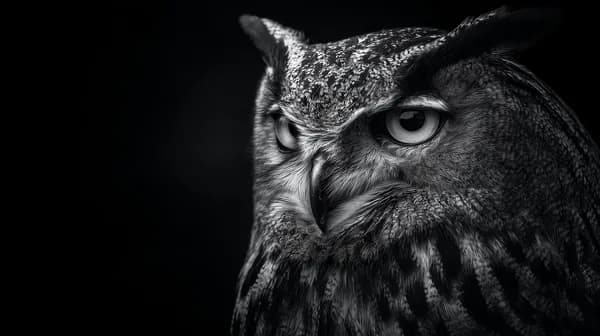 Monochrome Owl Portrait: Dramatic Close-Up in Black and White - HD Wallpaper, 4k Background Image