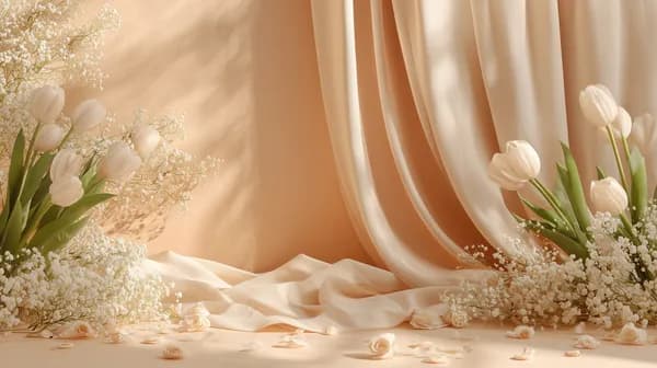 Pastel Floral Still Life Wallpaper with Tulips and Satin Drapes - HD Wallpaper, 4k Background Image