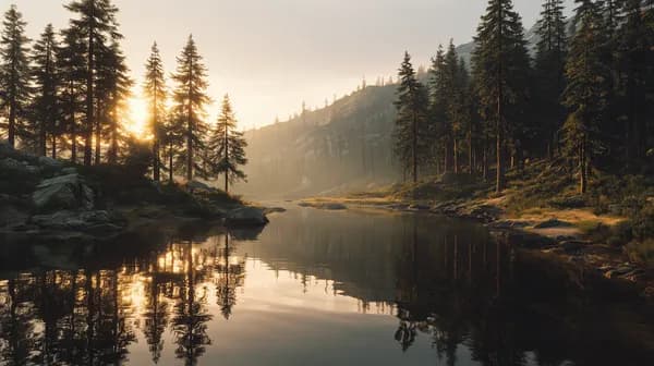 Sunlit Forest Lake at Dusk with Mountain Reflections - HD Wallpaper, 4k Background Image