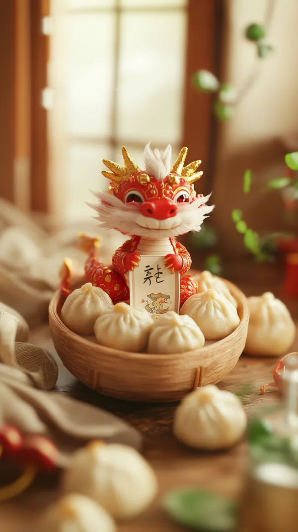 Festive Red Dragon Figurine with Dumplings in a Wicker Basket - HD Wallpaper, 4k Background Image
