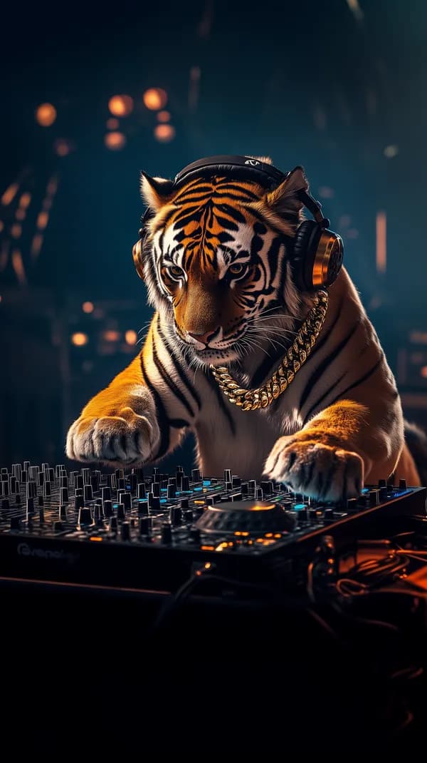 Tiger DJ in neon club: headphones, gold chain artwork - HD Wallpaper, 4k Background Image