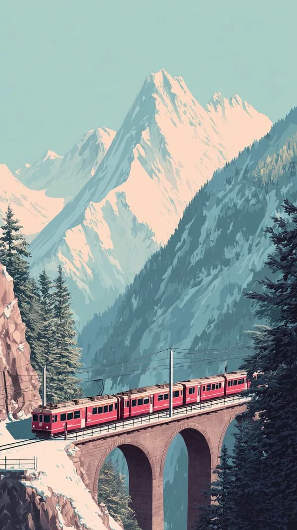 Pastel Mountain Range with Train on Bridge – Serene Wallpaper - HD Wallpaper, 4k Background Image