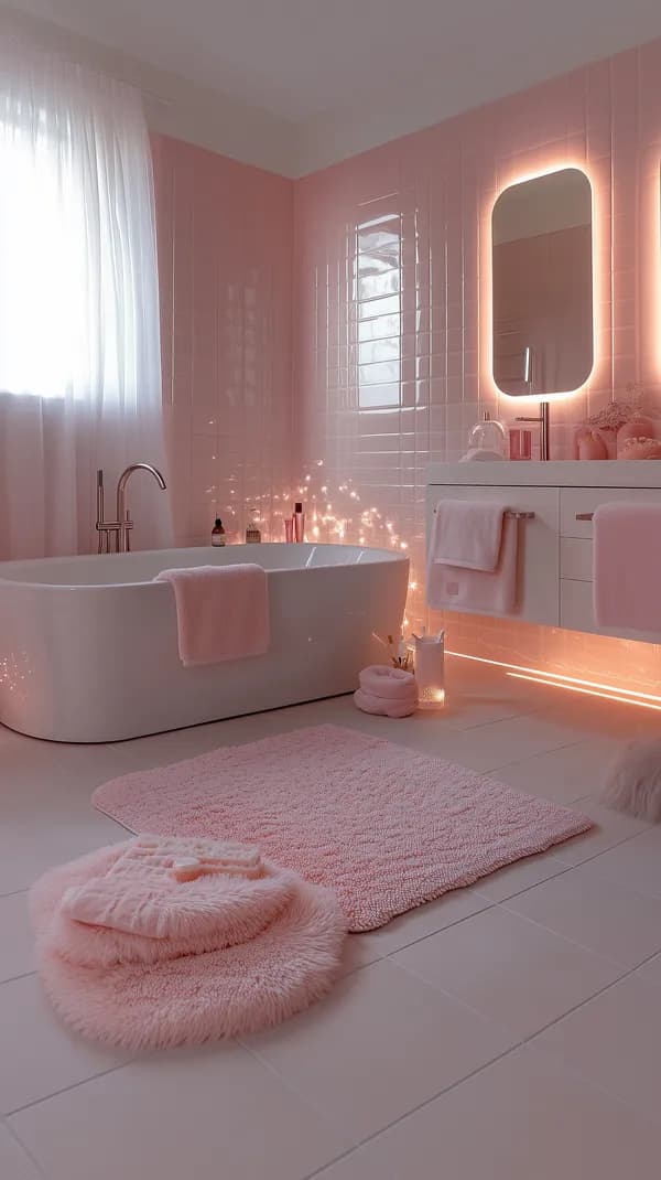 Soft Pink Spa Bathroom with Glowing Mirror and Cozy Rugs - HD Wallpaper, 4k Background Image