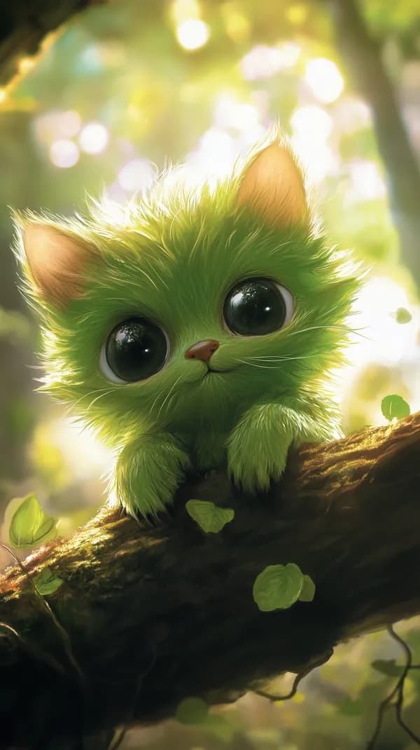 Whimsical Green Kitten on a Delightfully Sunlit Forest Branch - HD Wallpaper, 4k Background Image