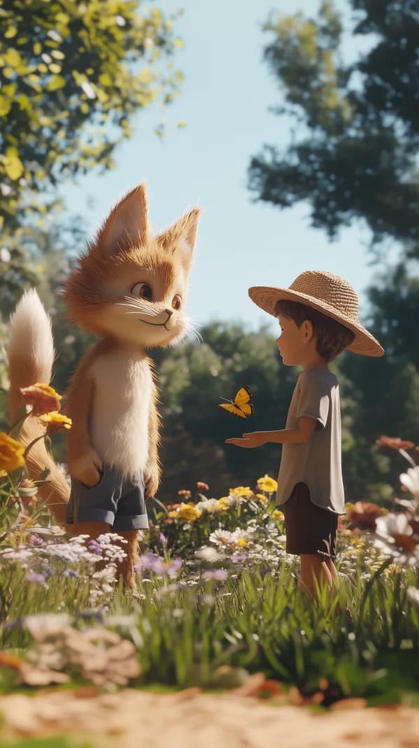 Sunlit Garden Encounter: Child and Fox-like Creature Outdoors - HD Wallpaper, 4k Background Image