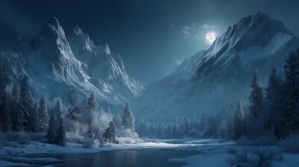 Moonlit Snowy Mountain Valley - Nighttime Winter Wallpaper - HD Wallpaper, 4k Background Image