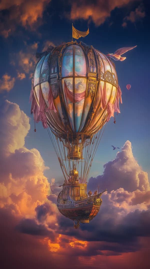 Ornate fantasy airship balloon drifting over sunset clouds - HD Wallpaper, 4k Background Image